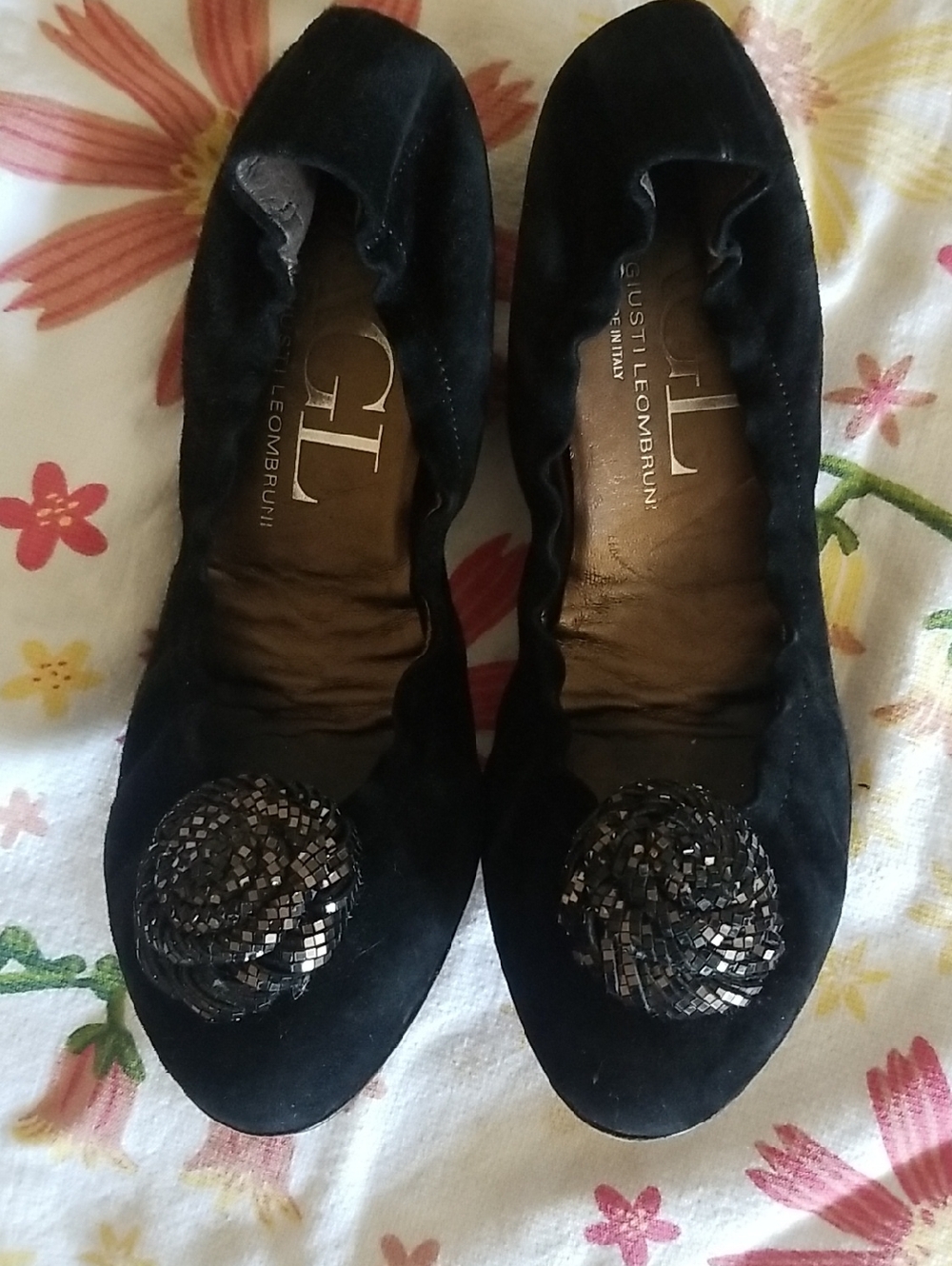 Agl Black Suede Ballet Flats with Sequined Pom Detail